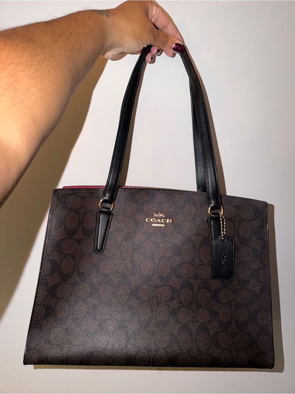 Coach Signature Brown Black Tote + Red Wristlet Set